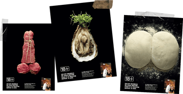 Drie affiches met vlees, deeg en een oester