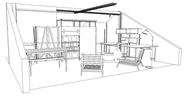 Perspectiva 3D do layout do estúdio Arqmaisart com móveis planejados e estrutura aparente