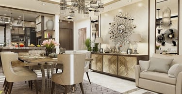 a living room with a dining room table and chairs