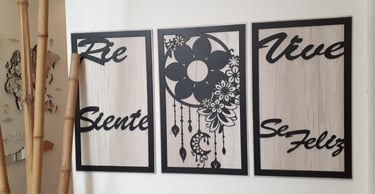 triptico atrapasueños y flores en madera calado con laser