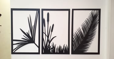 triptico hojas y juncos en madera calada con laser