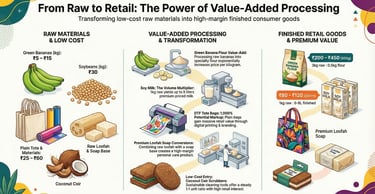 Infographic showing value-added processing stages transforming raw materials like bananas and soybeans into retail goods.