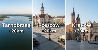 a series of three different pictures of a cities Kraków, Rzeszów and Tarnobrzeg