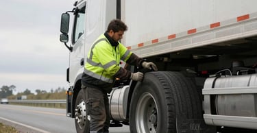 Close-up of a heavy-duty impact wrench mounting a massive semi-truck tire on the roadside, high-contrast daylight, 35mm
