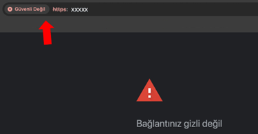 a red arrow pointing to a text shows the connection is not secured