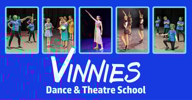 Kids from Vinnies Dance and Theatre School perform ballet, tap dance, and musical theatre on stage.