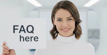 Mujer sonriente con cartel "FAQ here" - FAQ sobre progreso en terapia y coaching BiOPENSARE