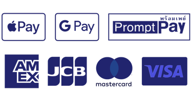สัญลักษณ์ Apple Pay, G Pay, PromptPay, American Express, JCB, MasterCard, Visa