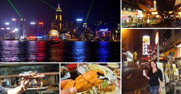Vista noturna de Hong Kong mostrando arranha-céus, luzes, festa e comida de rua.
