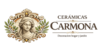Cerámicas Carmona logo featuring a classical woman's bust and olive branches for home and garden decor.