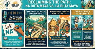 Infographic for Reclaiming the Path podcast discussing the cultural history of Na Ruta Maya versus La Ruta Maya.
