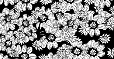 Black and white drawing of many flowers
