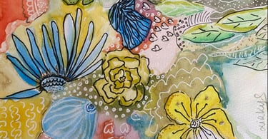 Détails de l'aquarelle fleurie jaune verte et bleue 