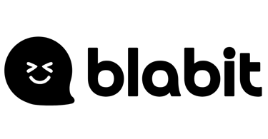 Black Blabit bubble with closed-eye smile and white facial features next to black 'blabit' text logo