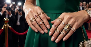 Celebrity inspired layered knuckle rings with glamorous luxury fashion styling