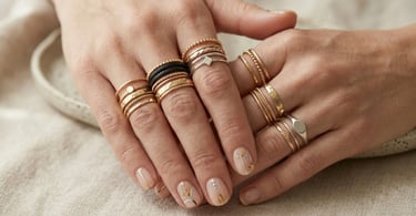 Stackable knuckle rings layered with mixed metals and trendy fashion styling