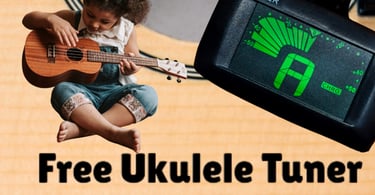 A young girl playing a wooden ukulele next to a online tuner screen.