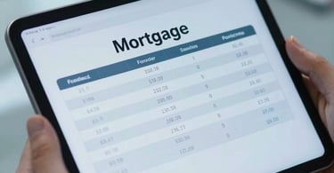 A high-quality close-up of a digital tablet screen displaying clean financial mortgage data, held by professional hands in a North American corporate environment. Muted blue and soft blue lighting.