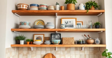 a kitchen with a wooden shelf and shelves with dishes