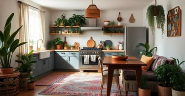 a bohemian kitchen with a table and chairs and a couch