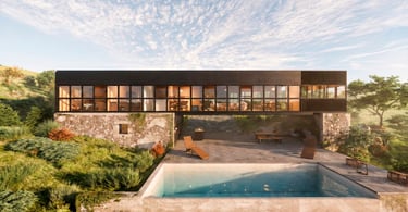 Vista exterior de pileta, galería, quincho y casa moderna. Casa integrada a la naturaleza. Arquitectura con sentido.