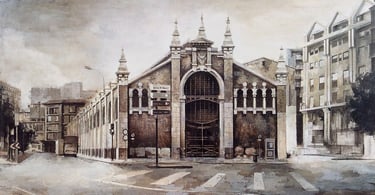 Fachada del Mercado de Verónicas, dibujado por Miguel Vivo en una tabla con técnica mixta