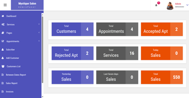 Online Salon Booking System - Admin Dashboard page