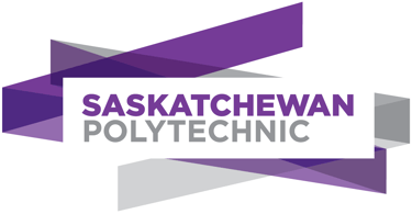 a purple and white logo with the words, saskatchewan polytech