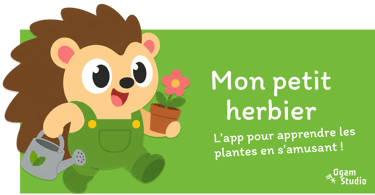 Cute cartoon hedgehog gardener holding a watering can and flower pot for Mon petit herbier educational app.