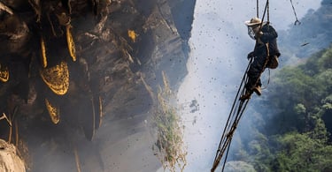 a man is climbing a rope to collect the nilgiris honey from the mountain rock 