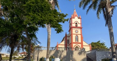 Igreja Matriz de Ibituruna cercada por palmeiras, com torre central, relógio e fachada vermelha e br