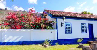 Uma árvore florida ao lado de uma casa antiga e histórica na Vila do Biribiri, Diamantina