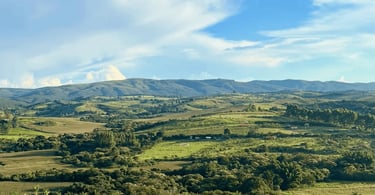 Paisagem rural de Carrancas, MG, com morros ao fundo, campos verdes e vegetação espalhada