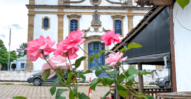 Flores em frente Igreja Matriz e histórica de Glaura, distrito turistico de Ouro Preto Minas Gerais