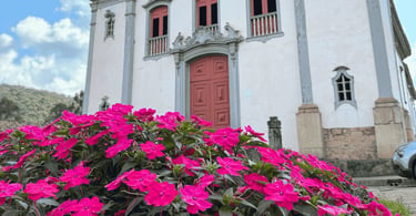 Flores rosas em frente à igreja histórica de Santa Bárbara, com fachada colonial ao fundo