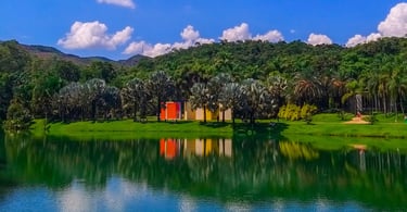 Museu do Inhotim, com arte, lagoa e vegetação, ponto turistico em Minas Gerais