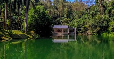 Museu do Inhotim, com arte, lagoa e vegetação, ponto turistico em Minas Gerais