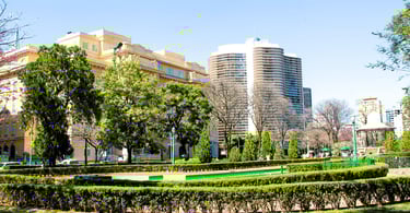 Vista de Belo Horizonte com jardim, árvores, prédios e área verde em espaço urbano