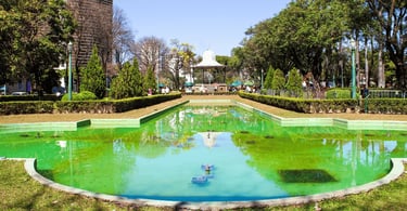 Espelho d’água na Praça da Liberdade em Belo Horizonte com jardim, árvores e coreto ao fundo