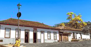 Casarão colonial tradicional com um ipê-amarelo florido ao fundo em Diamantina
