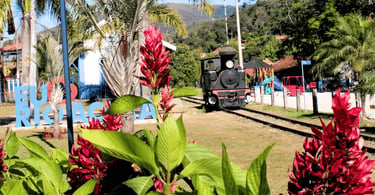Flores vermelhas e letreiro de Rio Acima MG com trem histórico ao fundo em área verde