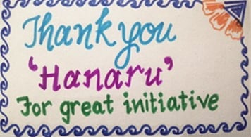 Hand-made card with the words Thank you Hanaru for great initiative.