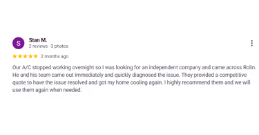 Five-star Google review for Rolin highlighting fast AC repair service and competitive pricing.