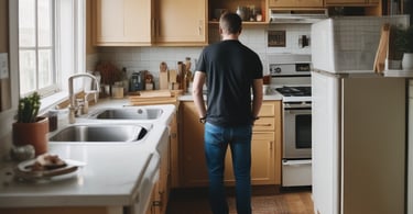a man standing in a kitchen with a stove top
