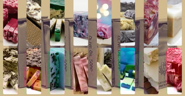 a collage of soap bars with different colored soap bars