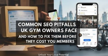 UK gym owner checking inconsistent Google Business Profile and Yell listings on a phone and desktop,