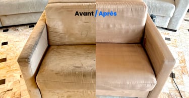 Avant / Après du nettoyage d’un canapé deux places à Nice, réalisé par CapWash agréé SAP.