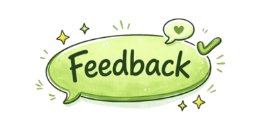 Grüne Aquarell-Sprechblase mit dem Schriftzug ‚Feedback‘ und funkelnden Akzenten für Kundenbewertung