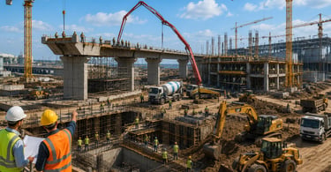 Large-scale infrastructure construction project with heavy equipment and engineering supervision