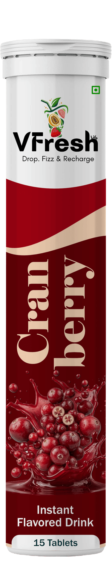 VFresh Cranberry flavored instant drink effervescent tablets tube for quick hydration.